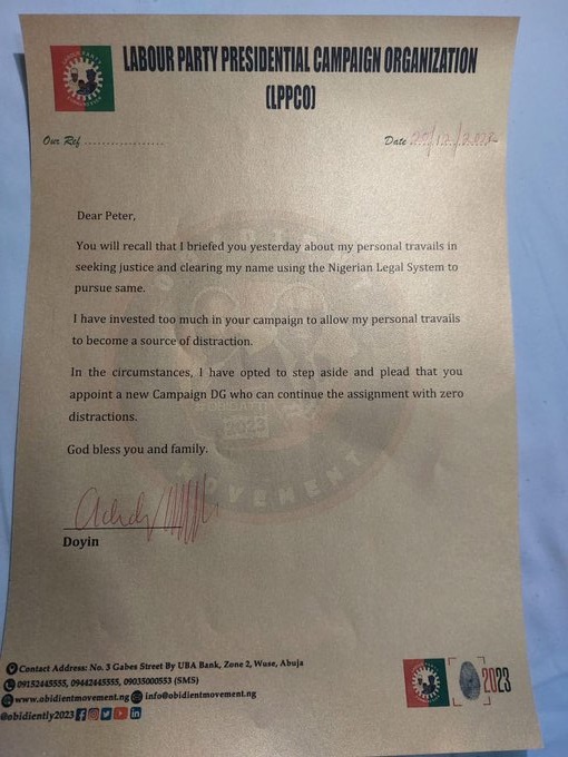 Peter Obi's presidential campaign DG, resignation letter 